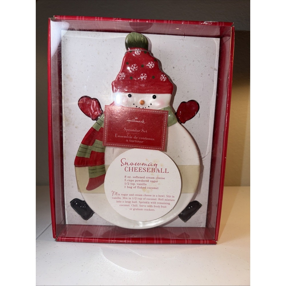 Hallmark Snowman Cheese Spreader Set Christmas Xmas Plate with 4 Spreaders NEW